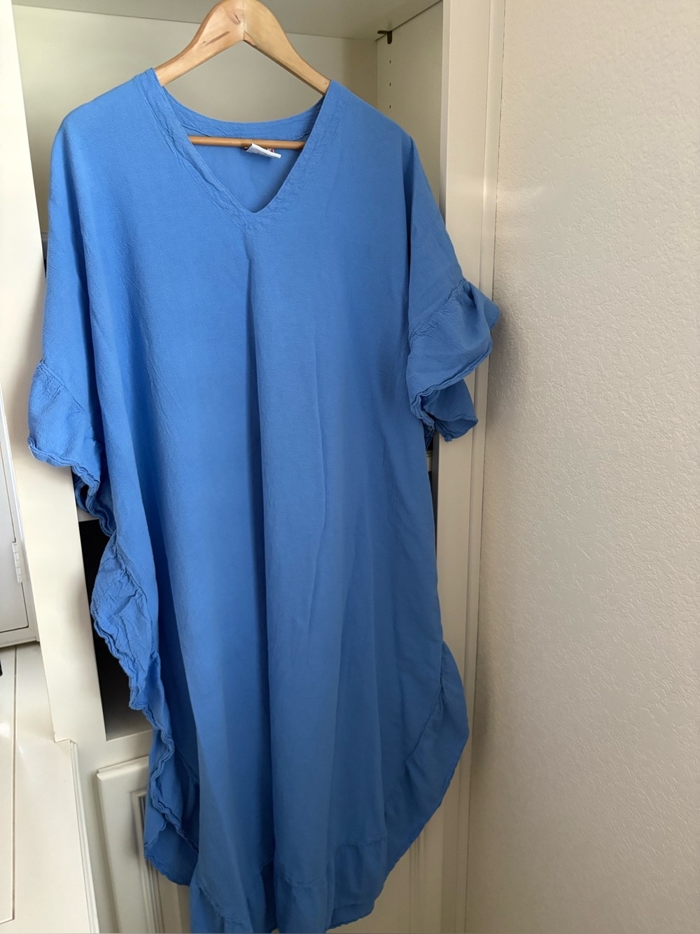 Drawstrings of Malibu Gauze Pre Shrunk Kaftan Blue Dress ruffles Lagenlook OS